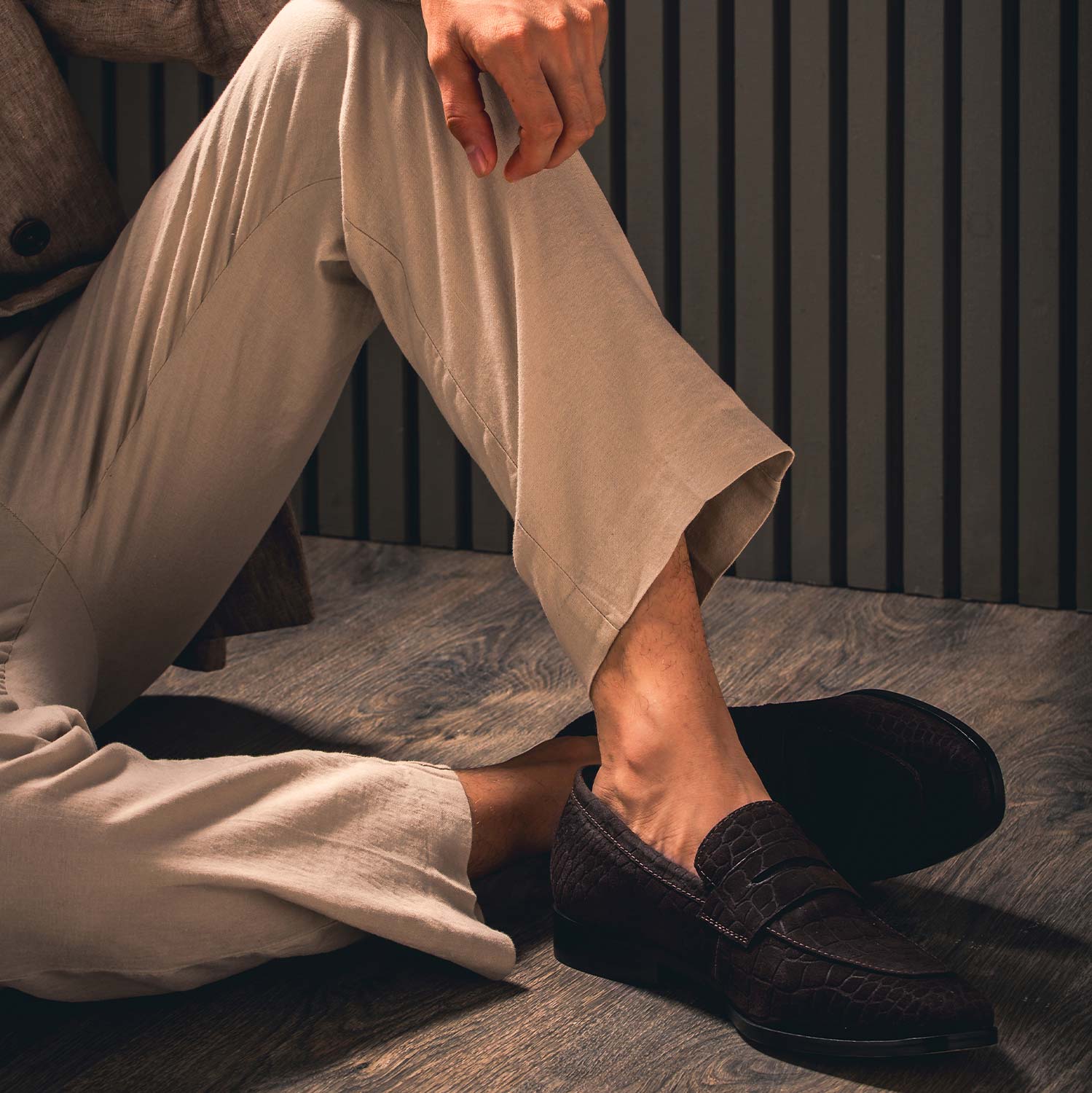 Brown Suede Croco Print Leather Loafers - Image 2