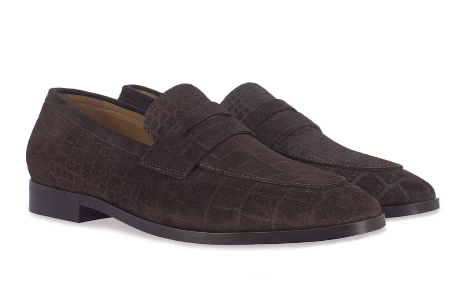 Brown Suede Croco Print Leather Loafers