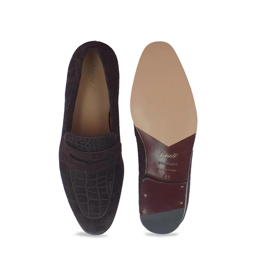 Brown Suede Croco Print Leather Loafers - Image 3